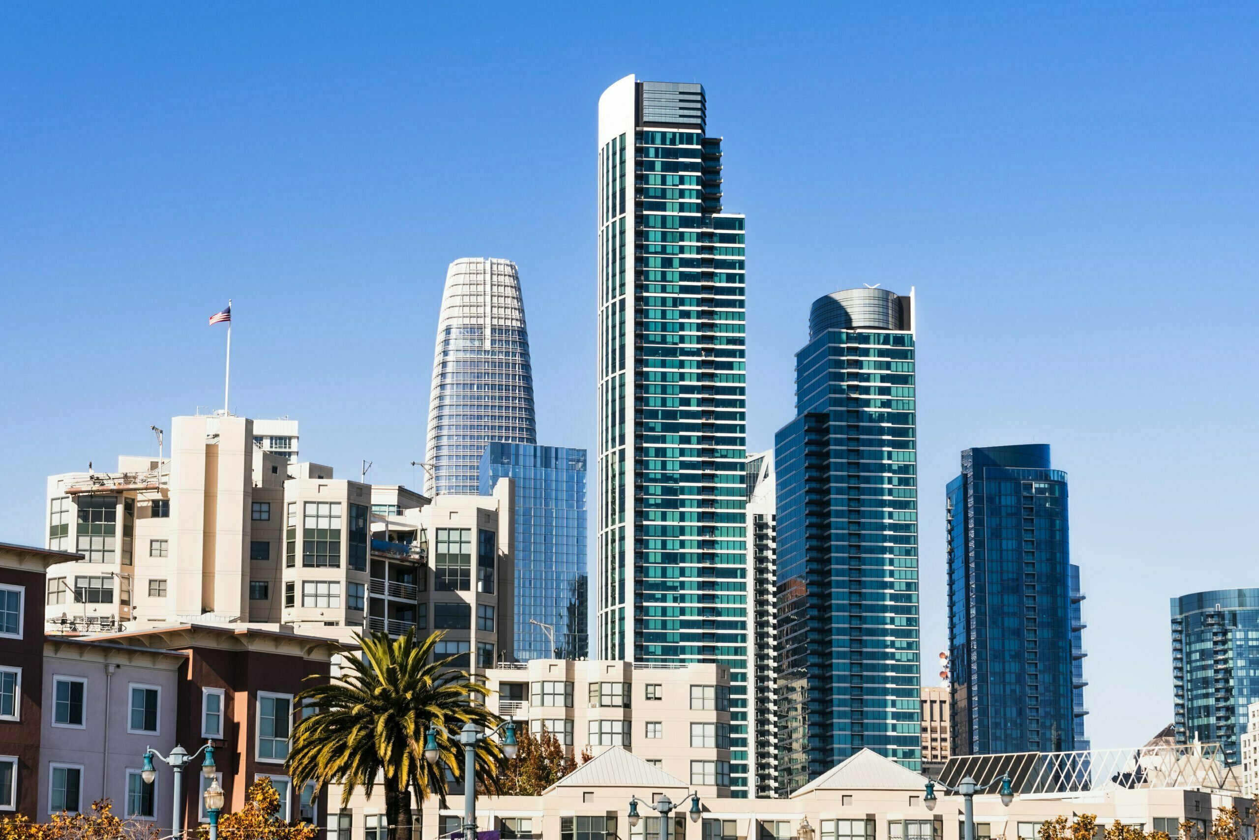 Urban skyline with tall residential and office buildings in South of Market district, San Francisco, California